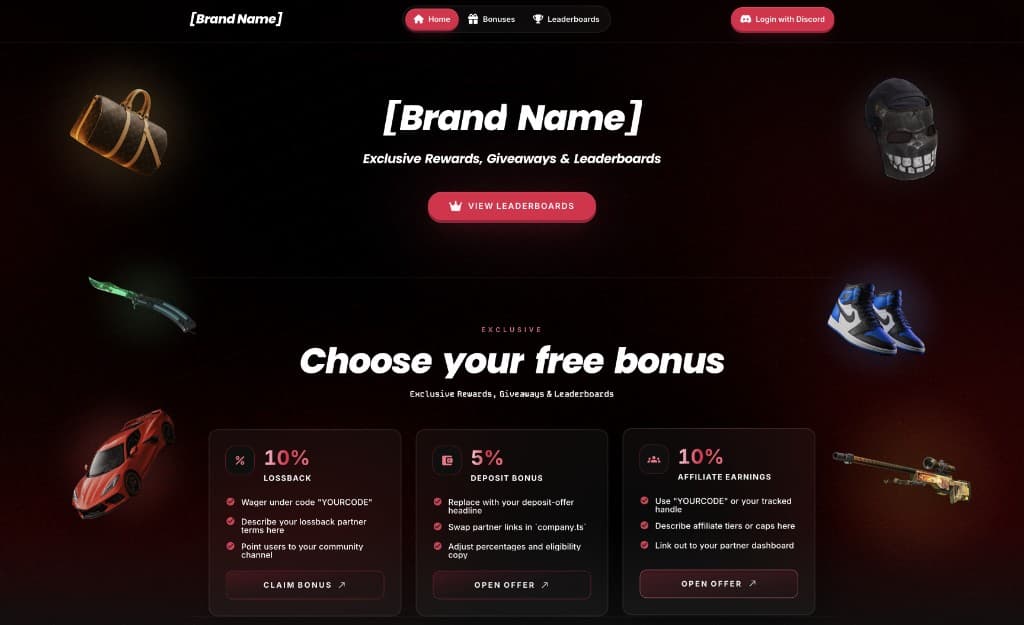 Dark affiliate site template with bonus cards